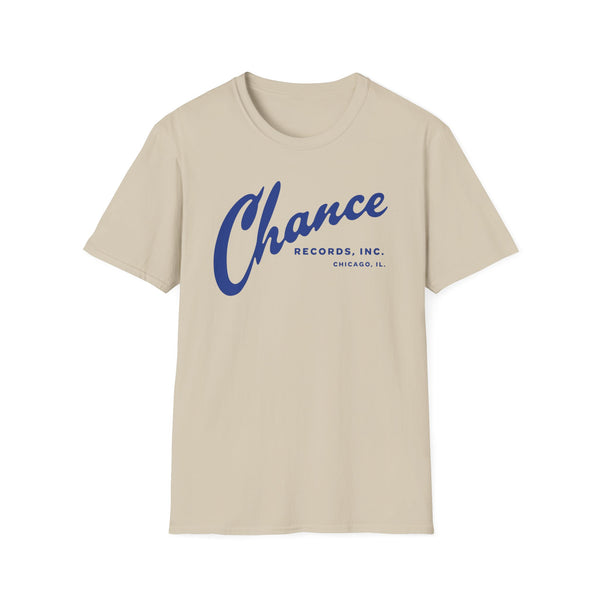 T-shirt with blue "Chance Records, Inc. Chicago, IL." text across the chest.