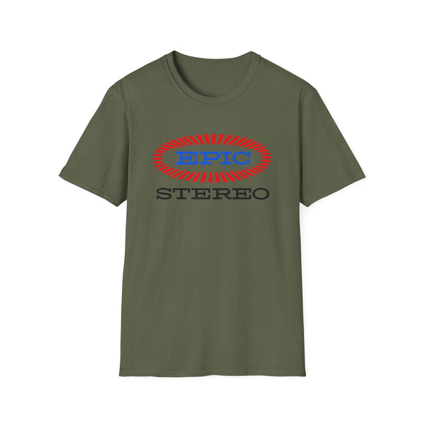 Olive green t-shirt with "EPIC STEREO" text graphic on the front.
