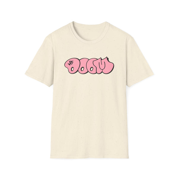 Cream t-shirt with pink bubble graffiti text that reads "MF DOOM".