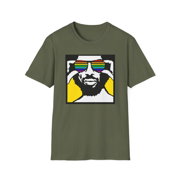 Green t-shirt with graphic of man wearing rainbow striped sunglasses.