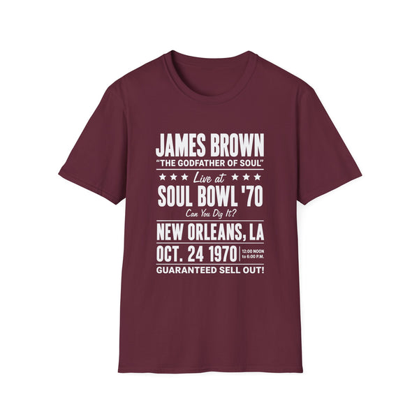 Maroon t-shirt featuring James Brown "Soul Bowl '70" concert announcement text.
