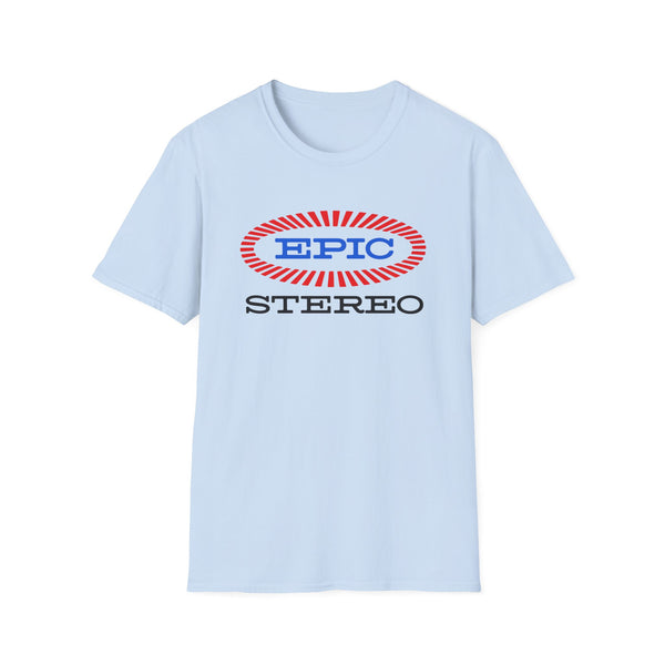 Pale blue t-shirt with "EPIC STEREO" text and logo on the chest.