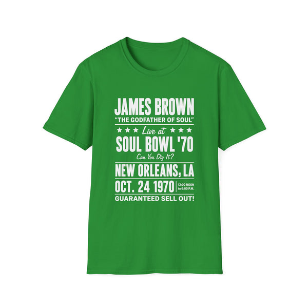 Green t-shirt with James Brown Soul Bowl '70 event details.