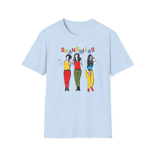 Light blue t-shirt with "SHANGRI-LAS" text and graphic of three women in colorful outfits.