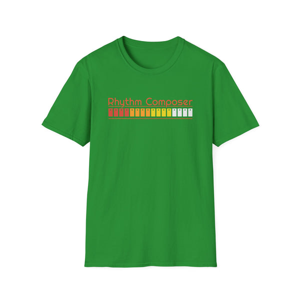 Green t-shirt with "Rhythm Composer" and colored blocks graphic.
