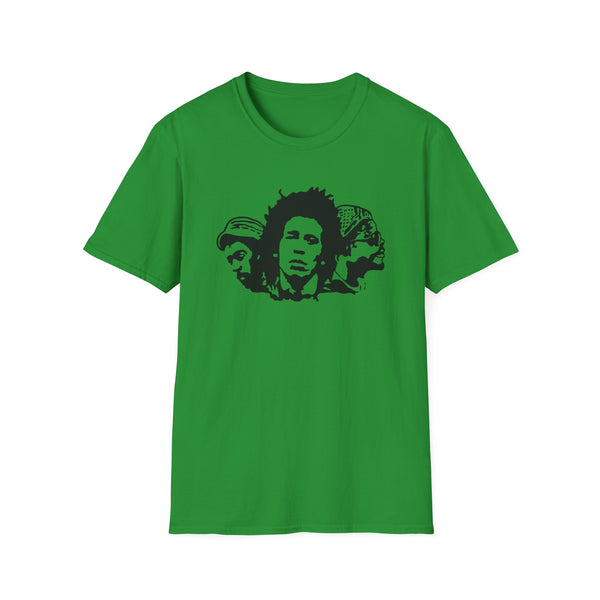 Green t-shirt with a black silhouette of Bob Marley and two other figures.