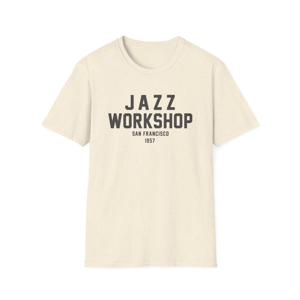 Cream t-shirt with "JAZZ WORKSHOP SAN FRANCISCO 1957" in black text.