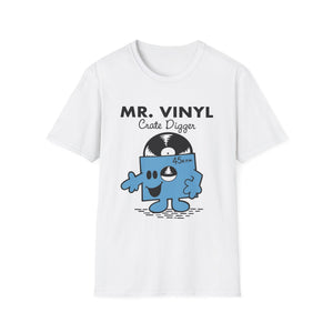 Mr. Vinyl Crate Digger graphic on a white t-shirt with a cartoon record character.