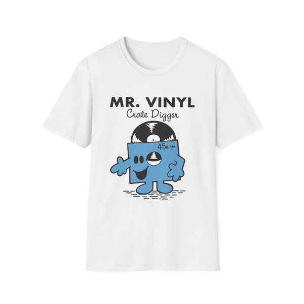 Mr. Vinyl Crate Digger graphic on a white t-shirt with a cartoon record character.