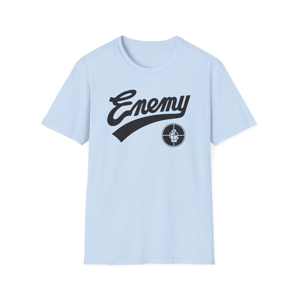 Light blue t-shirt with black "Enemy" text and a target logo.