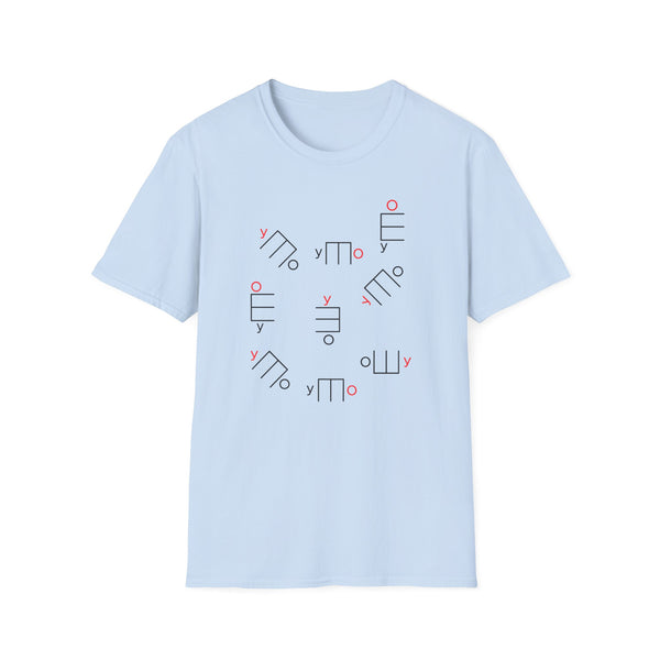 Light blue t-shirt with scattered black line art symbols and red accents.