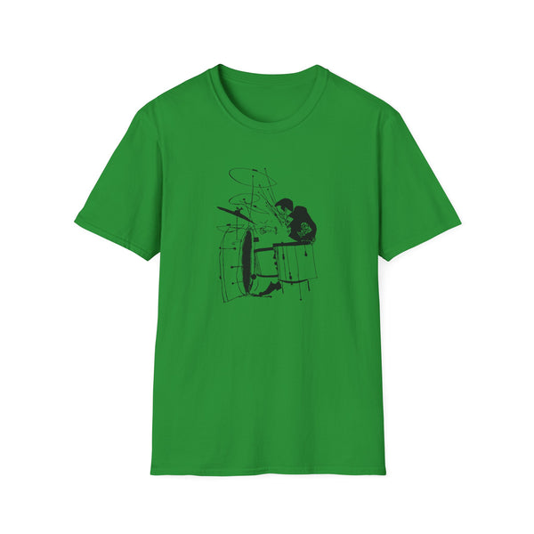 Green t-shirt with black line drawing of a drummer playing a drum set.