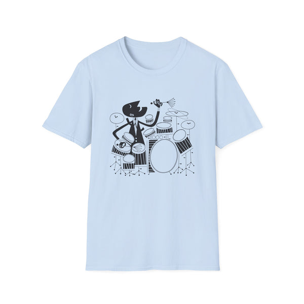 Black cartoon drummer on a light blue t-shirt.