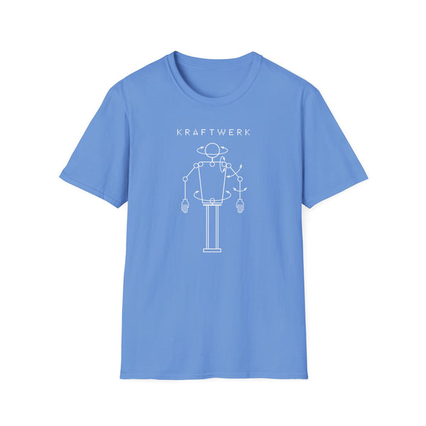 Light blue t-shirt with white "KRAFTWERK" text and schematic robot graphic.