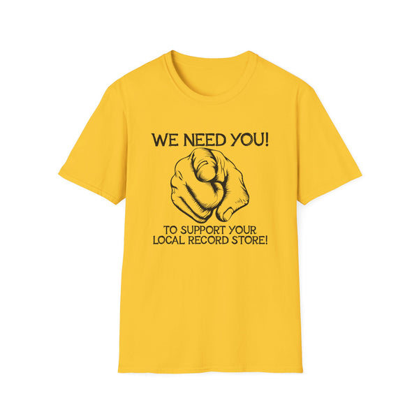 Yellow t-shirt with black text and pointing finger graphic.