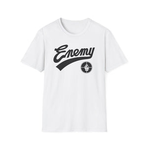 White t-shirt with black "Enemy" text and a target logo.
