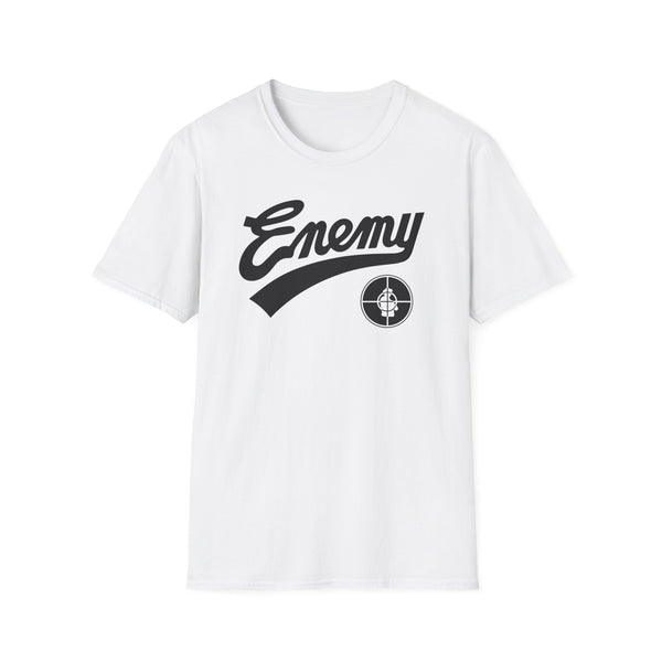 White t-shirt with black "Enemy" text and a target logo.