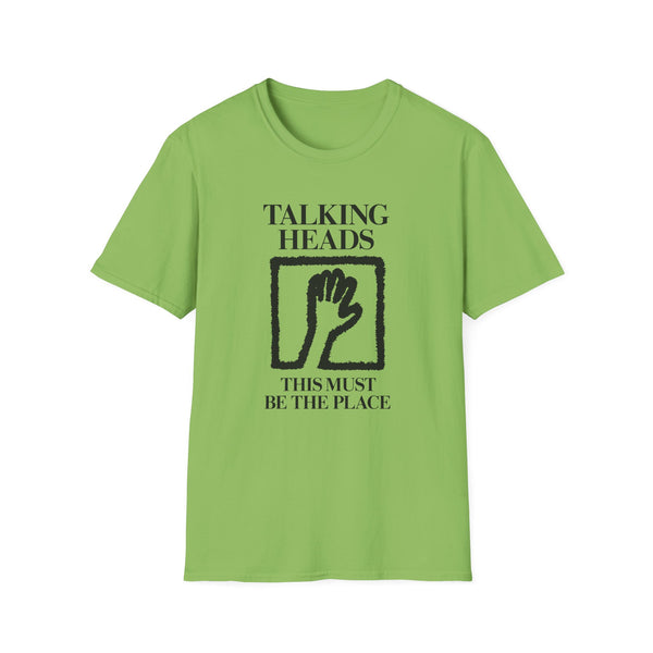 Lime green t-shirt with black text and graphic of a hand.