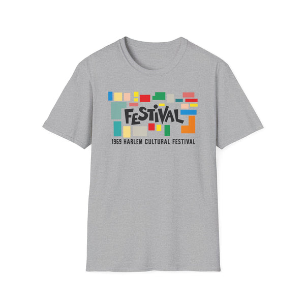 Grey t-shirt with colorful "FESTIVAL" graphic and "1969 HARLEM CULTURAL FESTIVAL" text.