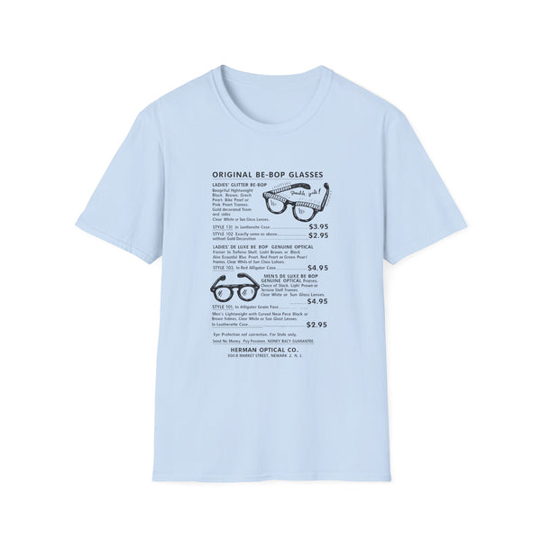 Herman Optical Co. ad on a light blue t-shirt featuring glasses and product details.