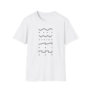 White t-shirt with "MAKE SYNTHS NOT WAR" text and waveform graphics.