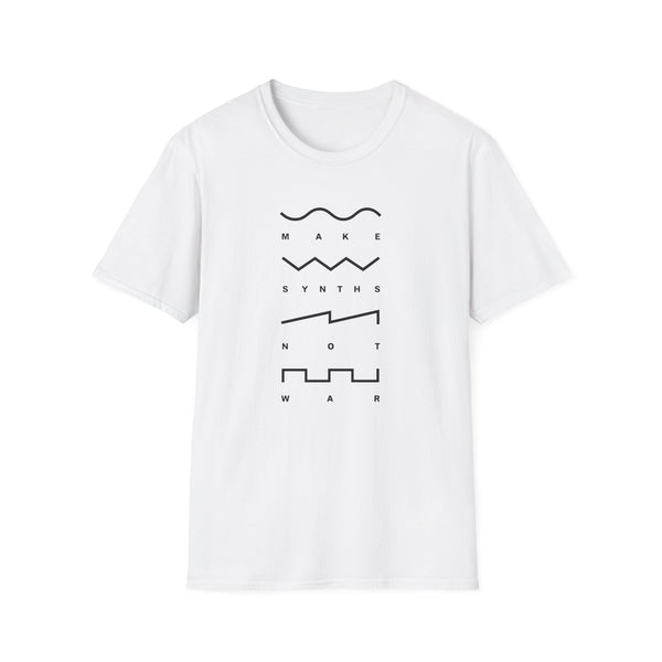 White t-shirt with "MAKE SYNTHS NOT WAR" text and waveform graphics.