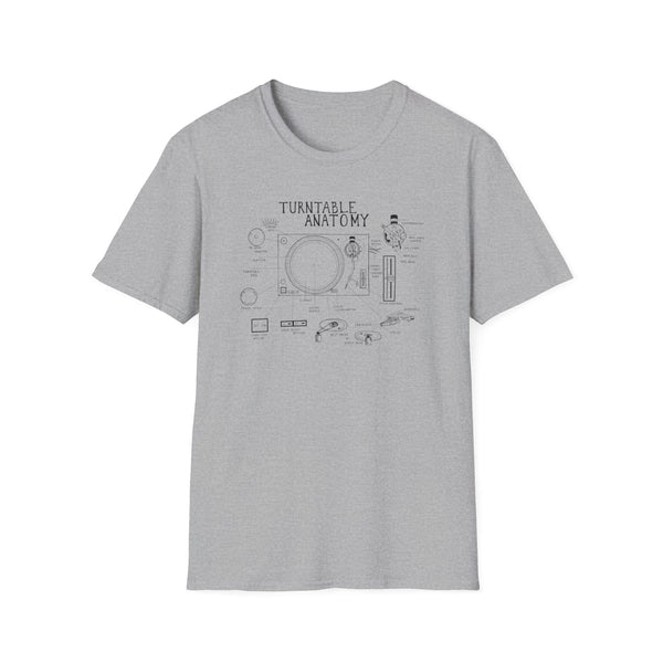 Grey t-shirt with a diagram and text labeling turntable anatomy.