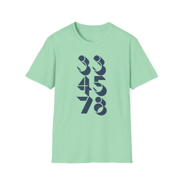 Green t-shirt with navy blue graphic of stacked numbers 334578.