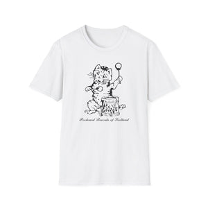 White t-shirt with black line drawing of a cat playing a drum. Text below reads "Postcard Records of Scotland".