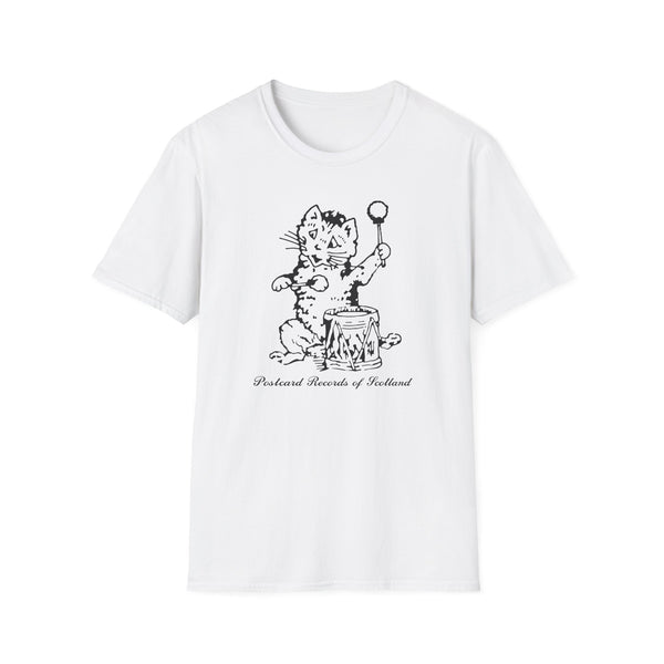 White t-shirt with black line drawing of a cat playing a drum. Text below reads "Postcard Records of Scotland".