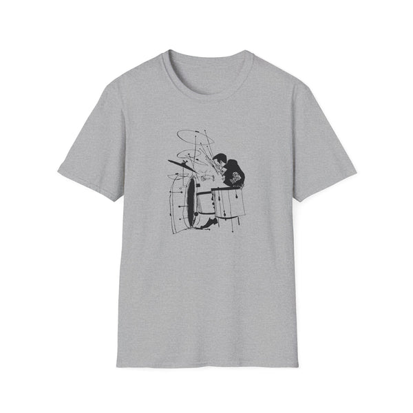 Grey t-shirt with a black ink sketch of a drummer playing a drum set.