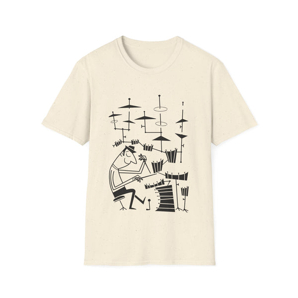 Cream t-shirt with a black abstract illustration of a drummer playing a complex drum set.