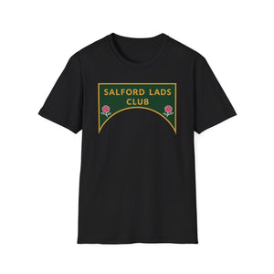 Black t-shirt with green "SALFORD LADS CLUB" crest with roses.