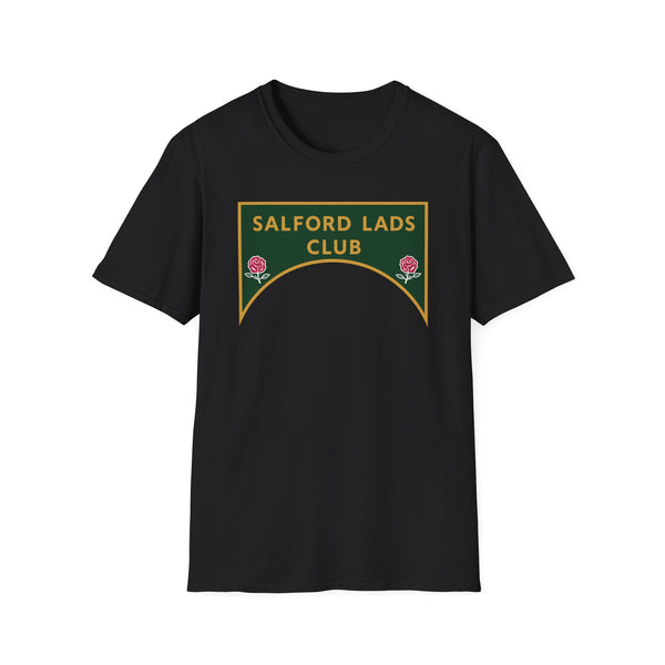 Black t-shirt with green "SALFORD LADS CLUB" crest with roses.
