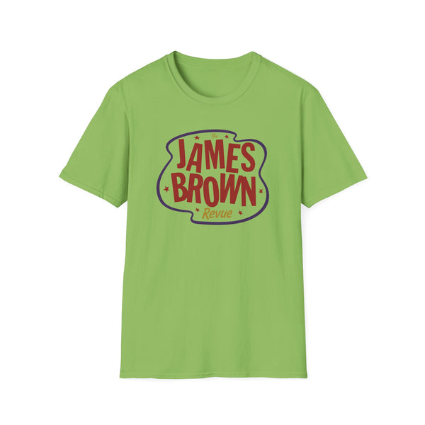 Light green t-shirt with The James Brown Revue logo in red and purple.