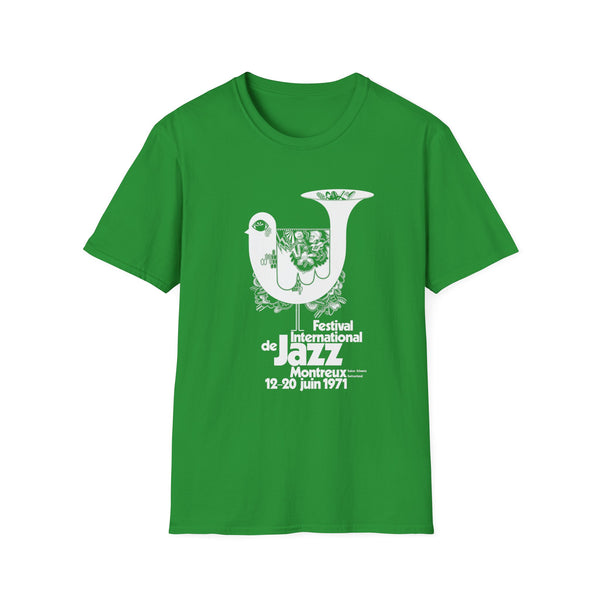 Green t-shirt with white Montreux Jazz Festival 1971 graphic and text.