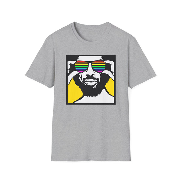 Illustration of a man wearing rainbow sunglasses on a grey t-shirt.