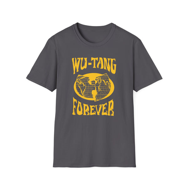 Dark grey t-shirt with yellow Forever logo and globe graphic.