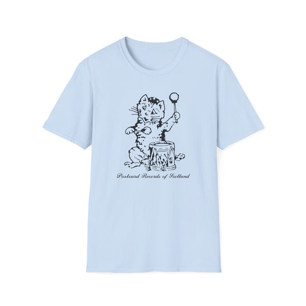 Light blue t-shirt with a black cat playing a drum and "Postcard Records of Scotland" text.
