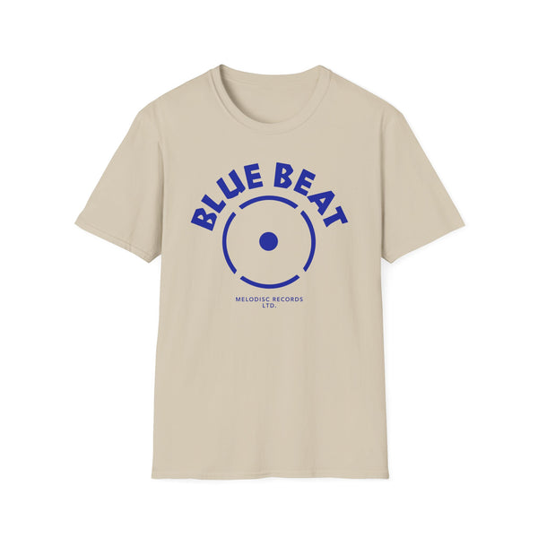 Tan t-shirt with blue "BLUE BEAT" text and circular record logo.