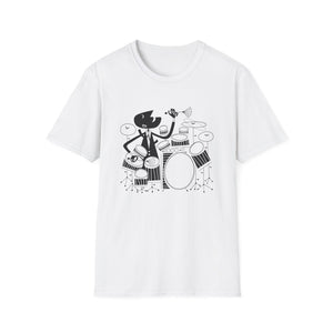 Black and white abstract character playing drums on a white t-shirt.