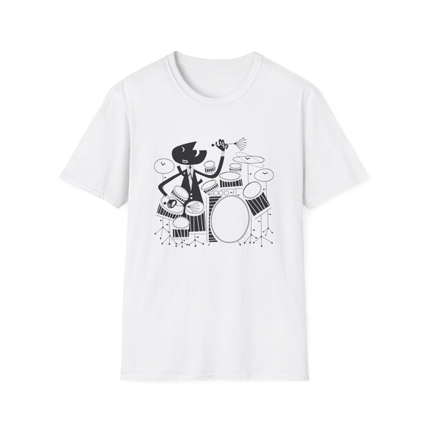 Black and white abstract character playing drums on a white t-shirt.