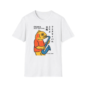 White t-shirt with a cartoon fish playing a saxophone, text "OSAKA JAZZ FESTIVAL" and date "10.09.1989".