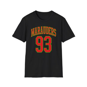Black t-shirt with "Marauders 93" lettering in red and green.