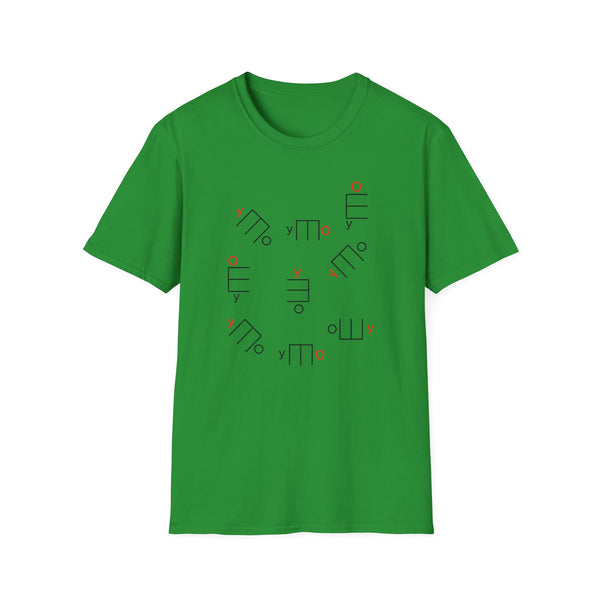 Green t-shirt with a repeating pattern of abstract black and orange geometric shapes and text.