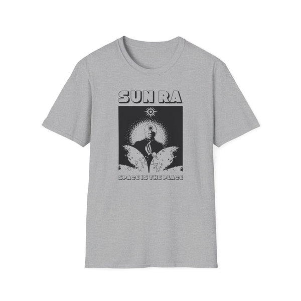 Grey t-shirt featuring "SUN RA SPACE IS THE PLACE" text with a black graphic.