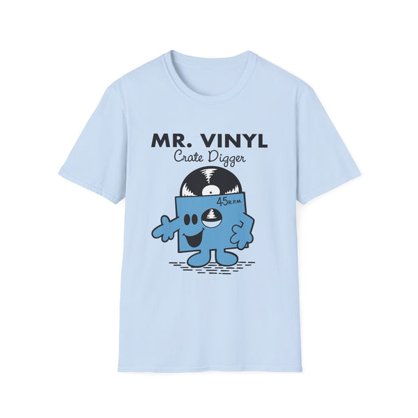 Light blue t-shirt with black "MR. VINYL Crate Digger" text and a cartoon vinyl record character.