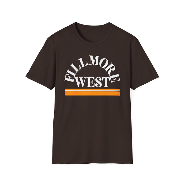 Brown t-shirt with white "FILLMORE WEST" text and orange stripes.