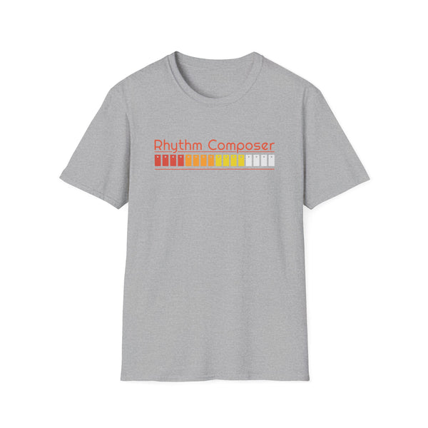 Grey t-shirt with "Rhythm Composer" text and a colorful equalizer graphic.