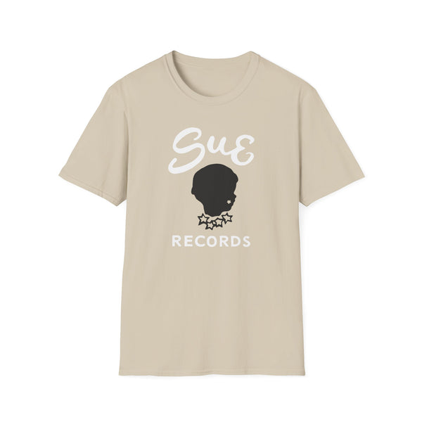 Tan t-shirt with "Sue Records" logo and silhouette graphic.